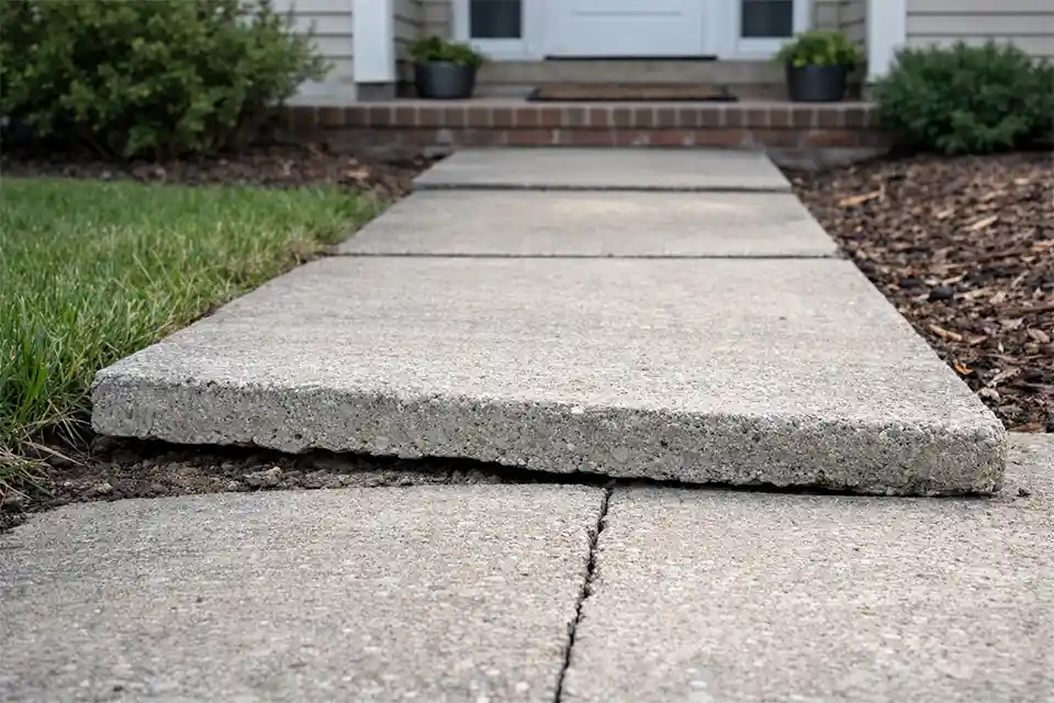 Uneven concrete walkway with a raised slab edge and soil gap caused by seasonal soil expansion and contraction