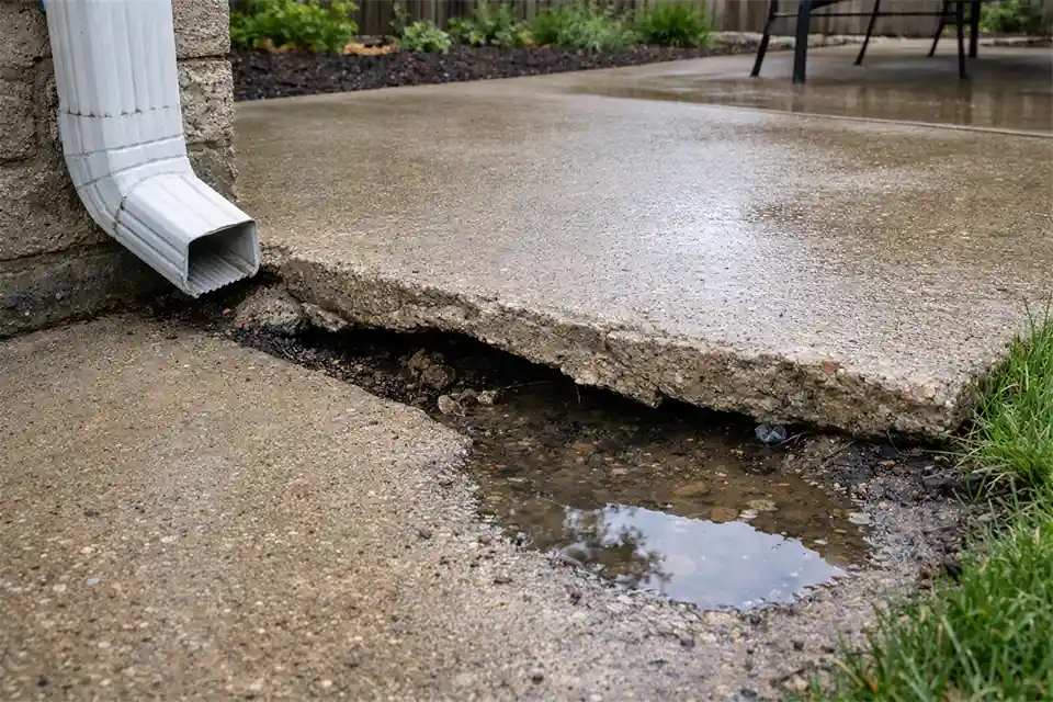 Sunken walkway and patio edge with soil washed out below from repeated long-term water exposure