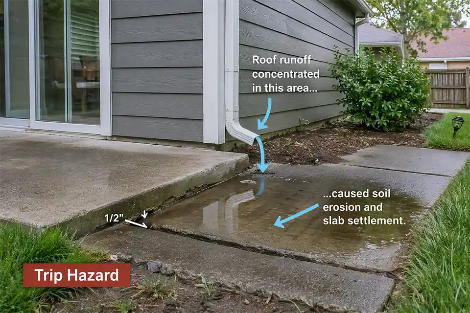 Sunken patio corner and walkway edge with overlay showing runoff flowing into the area that settled faster
