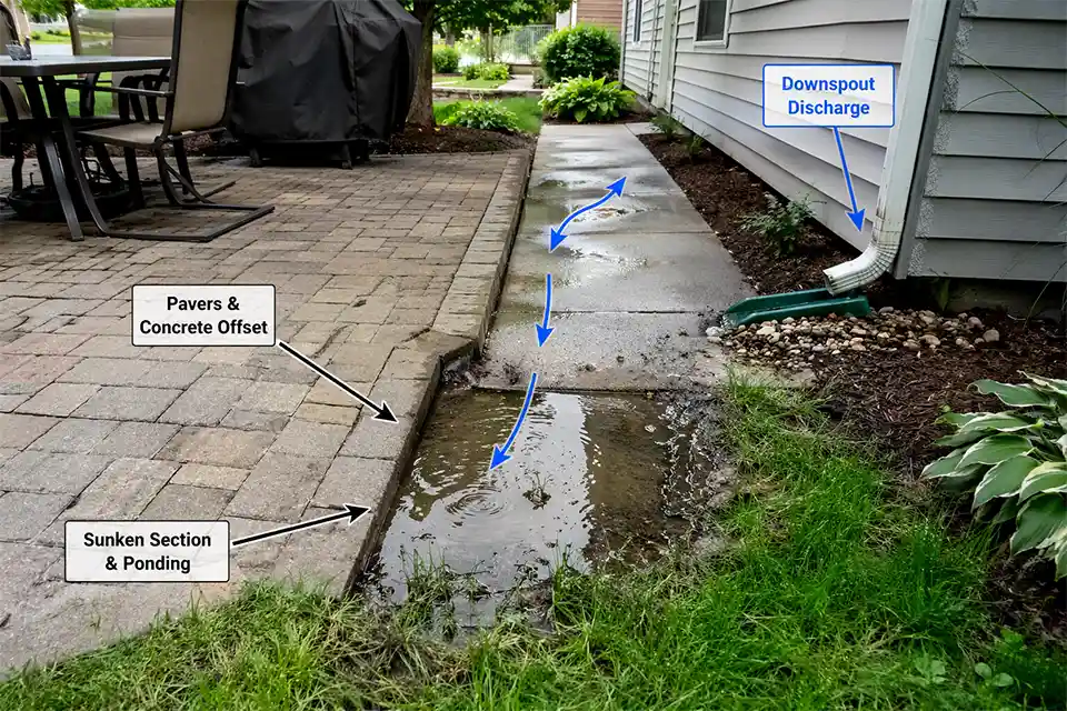 Sunken patio and walkway section with overlay arrows showing runoff flowing toward the low area and causing repeated sinking