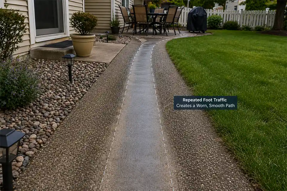 Outdoor patio and walkway with a worn smooth traffic lane and overlay highlighting the main low-traction walking path