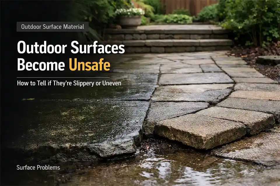 Outdoor walkway with algae-darkened slippery stone and a raised uneven paver edge creating slip and trip hazards