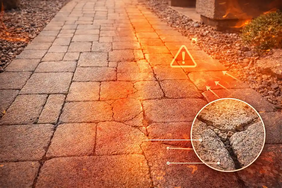 Heat-damaged paver walkway with faded surface, small cracks, widened joints, and a graphic heat-map overlay highlighting early wear.