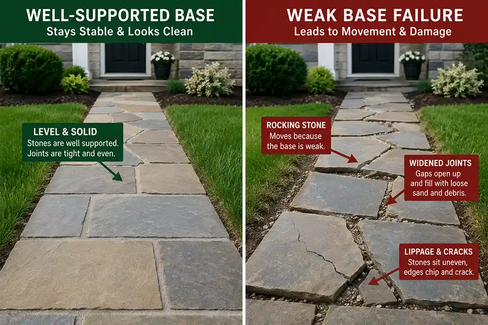 Comparison of a stable stone walkway and a cracked uneven stone walkway breaking over a weak base