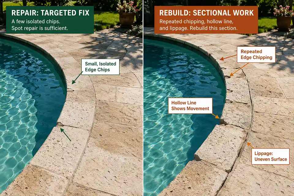Comparison of a single isolated stone chip versus repeated edge chipping across several pool deck walking-surface stones