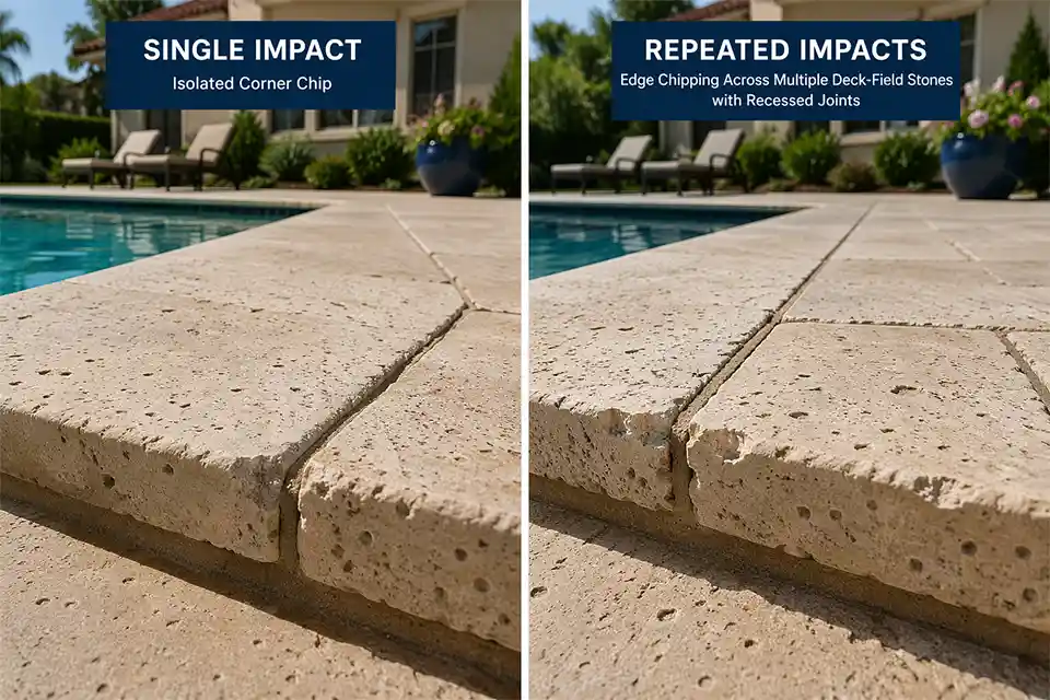 Comparison of a single isolated stone chip versus repeated edge chipping across several pool deck walking-surface stones