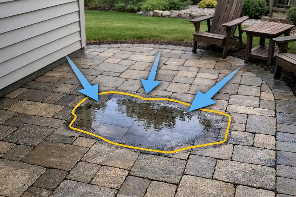 Side-by-side walkway comparison showing normal fading with stable joints on one side and widened joints with slight settlement on the other.