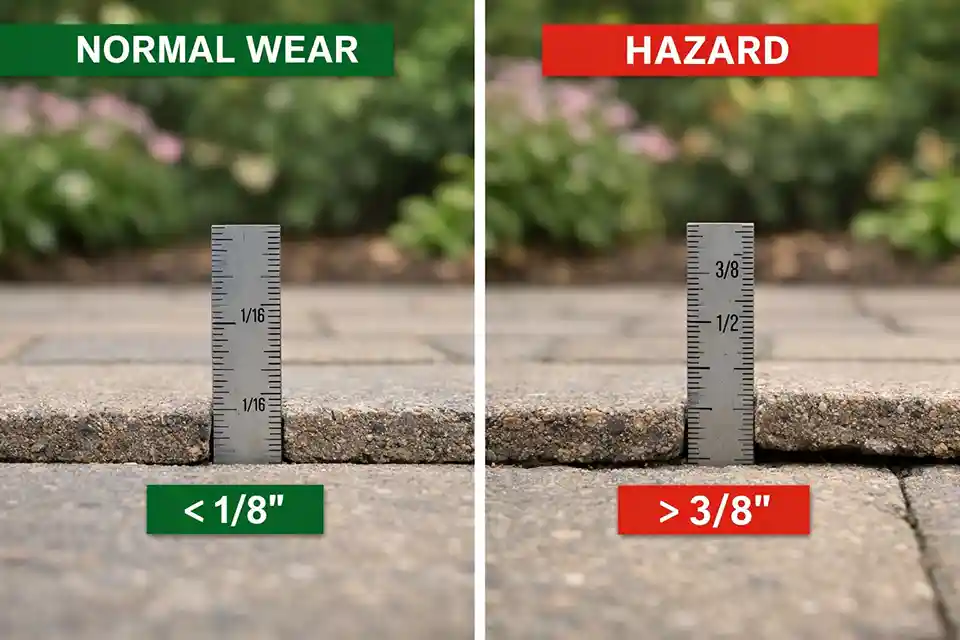 Comparison of a normally worn flat walkway and a hazardous raised paver edge with measurable trip-height difference