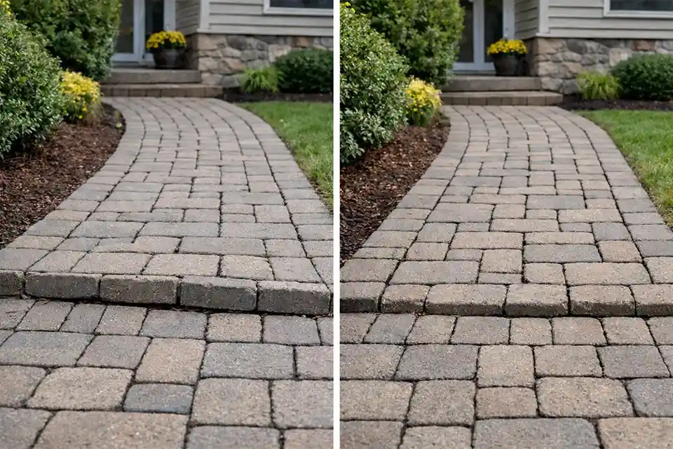 Side-by-side comparison of the same paver walkway lifted in a wet season and opened by shrinkage in a dry season
