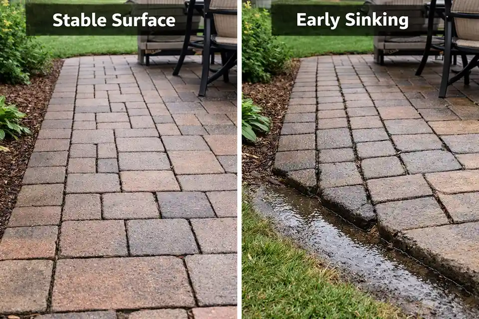 Stable walkway beside a patio compared with a similar walkway showing early sinking and widened joints from water-related ground loss