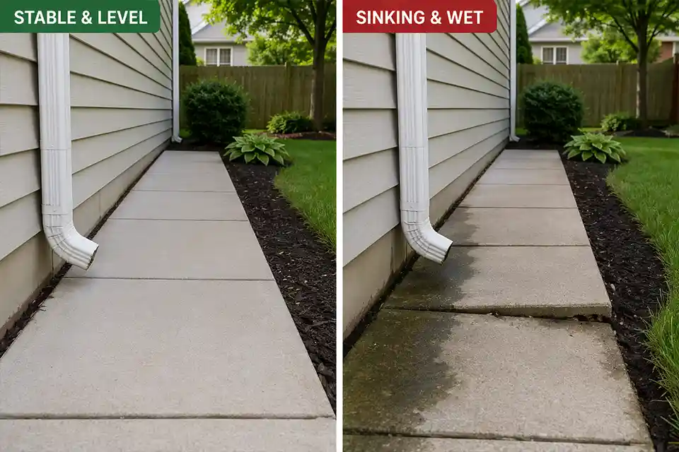 Comparison of a stable walkway and a walkway panel sinking faster near a downspout and outer edge