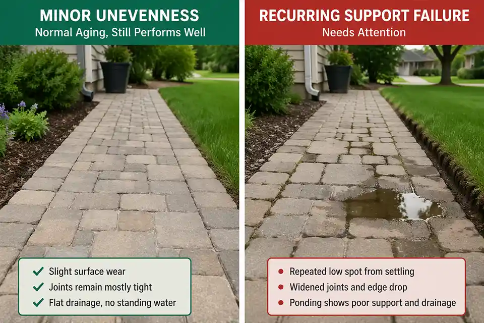 Comparison showing minor outdoor surface unevenness versus recurring sinking caused by support failure beneath a paver walkway