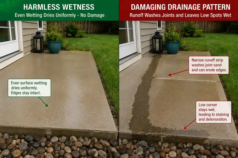Comparison of harmless even wetting versus a damaging runoff strip with joint loss and a wet low corner on a patio walkway