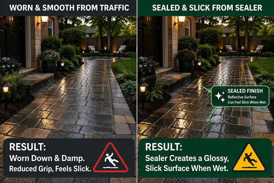 Comparison of a worn smooth patio traffic lane and a glossy sealer-related outdoor traction problem on the same type of surface