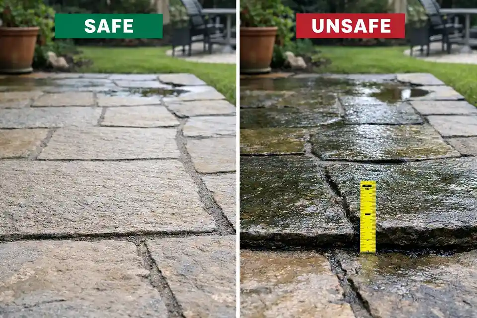 Comparison of a safe outdoor walkway and an unsafe walkway with slippery darkened stone and a raised trip edge