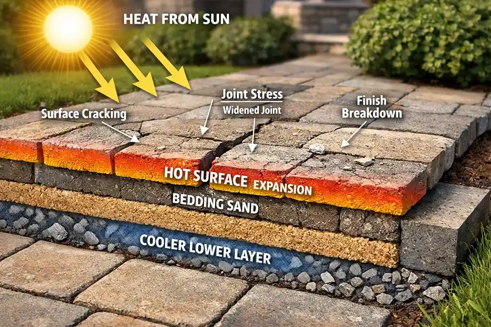 Diagram showing solar heat concentrating at the top of an outdoor surface and causing expansion, finish wear, and joint stress