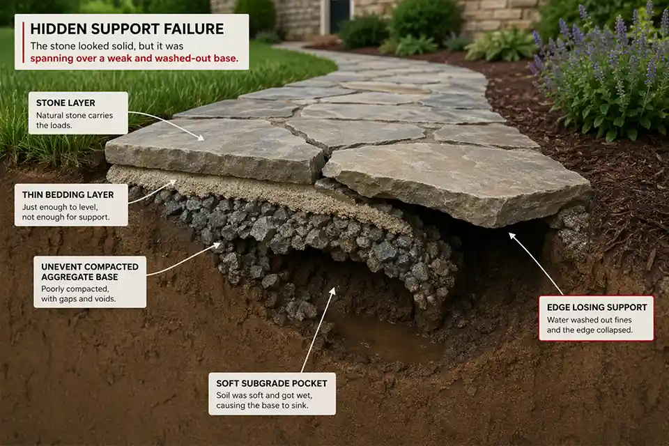 3D cutaway of a stone walkway showing broken stones over a thin poorly compacted base with voids and washed-out support