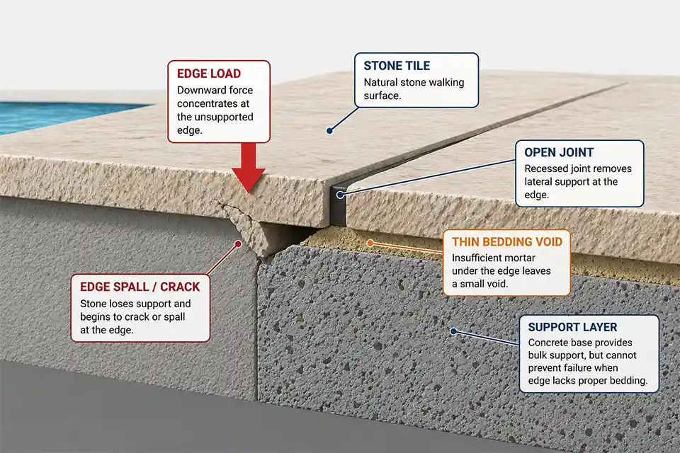 3D cutaway diagram of a stone pool deck edge showing support loss and edge cracking