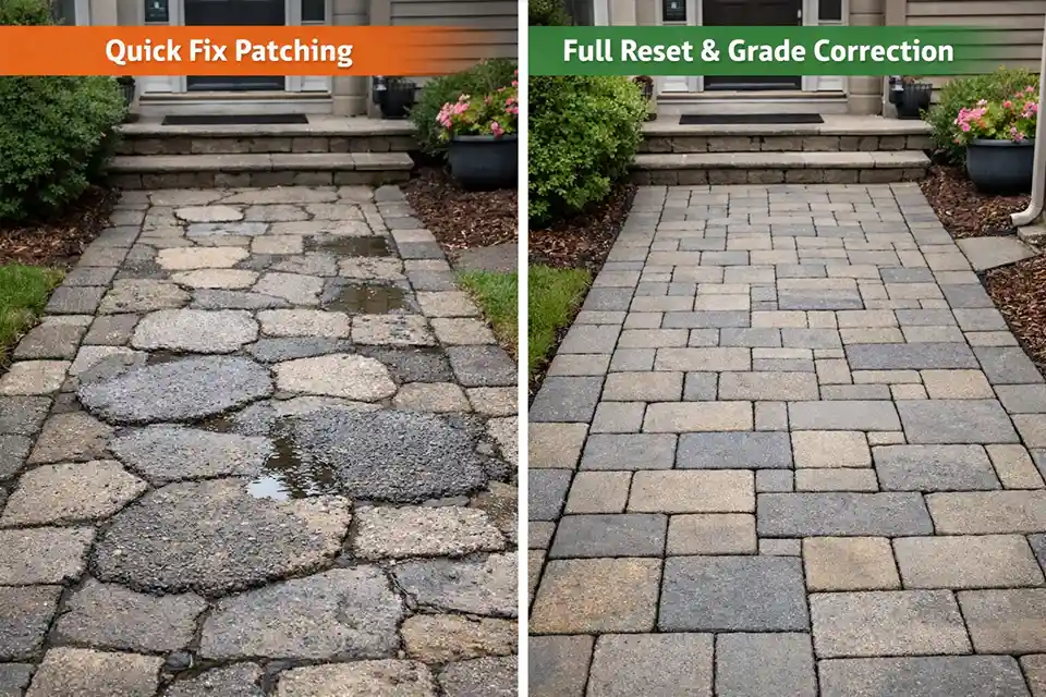 Outdoor paver patio with a settled low corner holding water, overlay arrows showing runoff direction, and a highlighted slow-drying problem area.