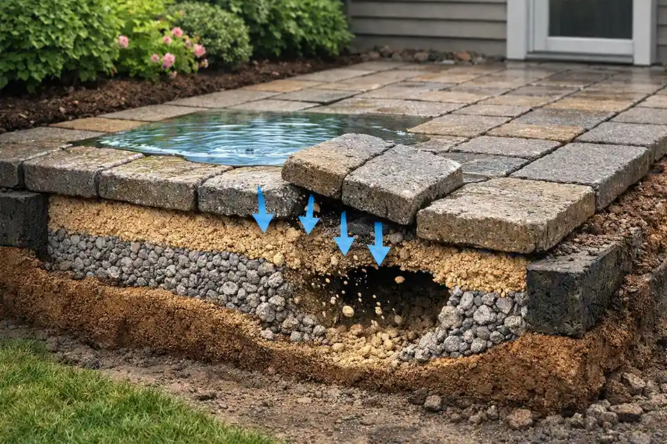 3D cutaway of a walkway showing surface water causing washout below the pavers and creating settlement, rocking, and trip-edge damage