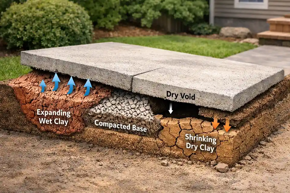 3D cutaway of an outdoor walkway showing wet expanded soil lifting the slab and dry shrunken soil leaving a void under the edge
