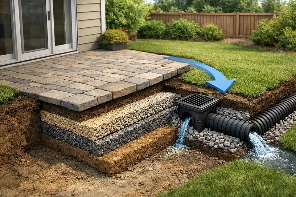 3D cutaway showing runoff redirected away from a patio and the rebuilt compacted base under a previously sunken surface