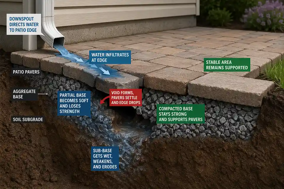 3D cutaway of a patio edge sinking where runoff weakened the base and created a partial support void