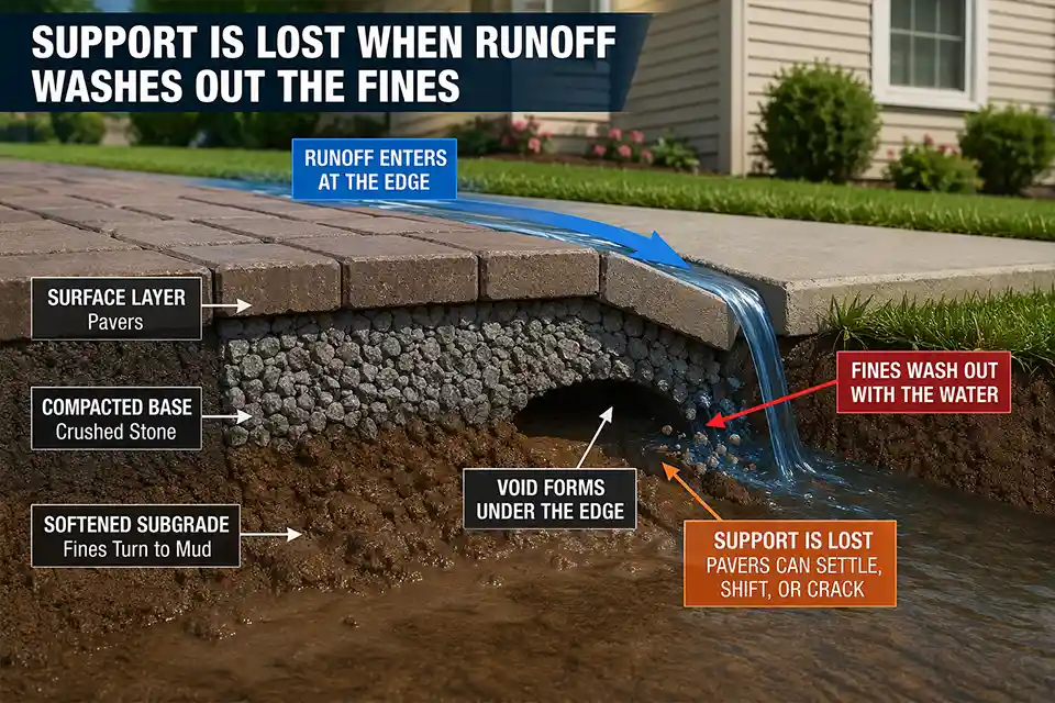 3D cutaway of a patio and walkway showing runoff washout, void formation, and support loss beneath the surface