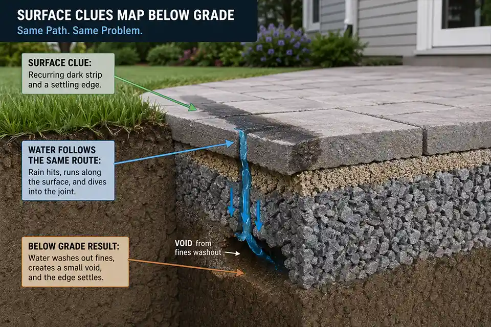 3D cutaway showing a recurring wet strip on a patio surface linked to water intrusion, fines washout, and a settling edge below grade