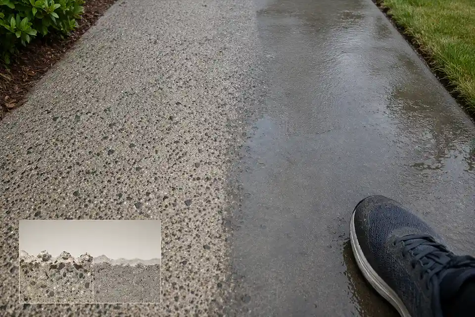 Close-up of traction loss on a worn, damp concrete walkway.