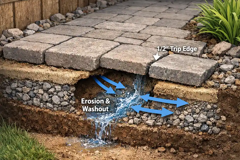 3D cutaway of an outdoor paver walkway showing water washout under the base causing an uneven raised edge
