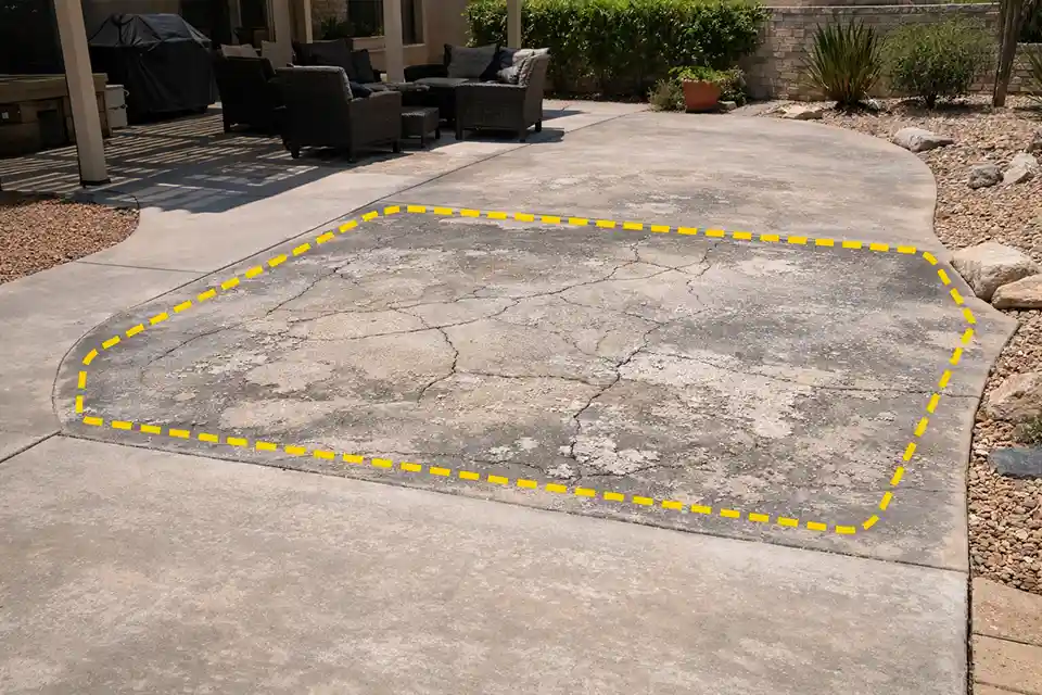 Outdoor patio with overlay marking the area where repeated heat damage and worn texture make replacement more practical than resealing