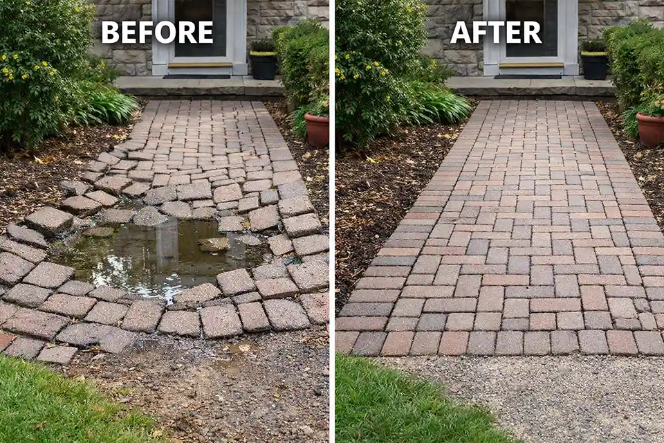 Before and after view of a walkway rebuilt from an uneven ponding trip hazard to a level properly supported and drained walking surface