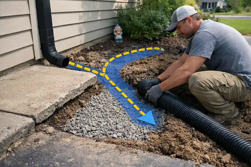 Walkway repair scene with overlay showing downspout discharge correction before resetting the uneven slab edge