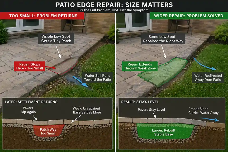 Comparison showing a too-small patio repair that settles again versus a wider repair that reaches the full weak zone