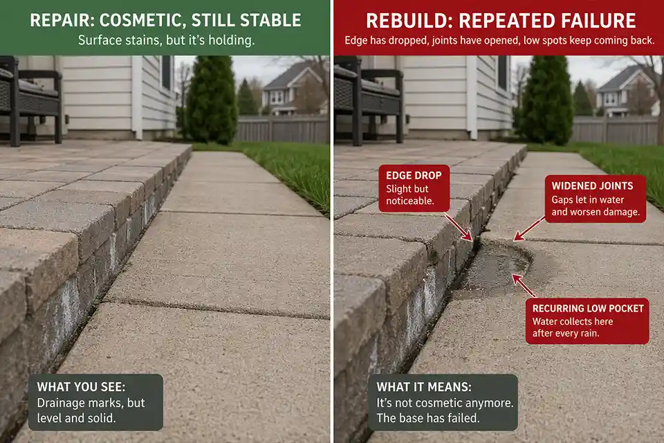 Comparison of cosmetic drainage marks versus repeated drainage damage with edge drop, widened joints, and a recurring low spot