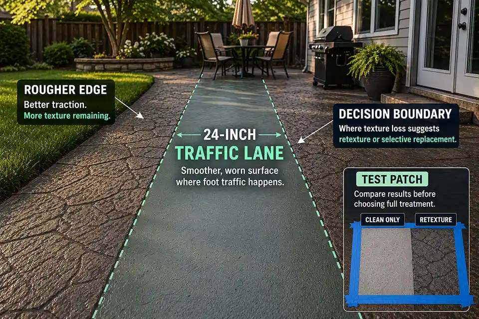 Outdoor patio with a highlighted worn traffic lane and test patch showing the decision boundary between cleaning, retexturing, and selective replacement