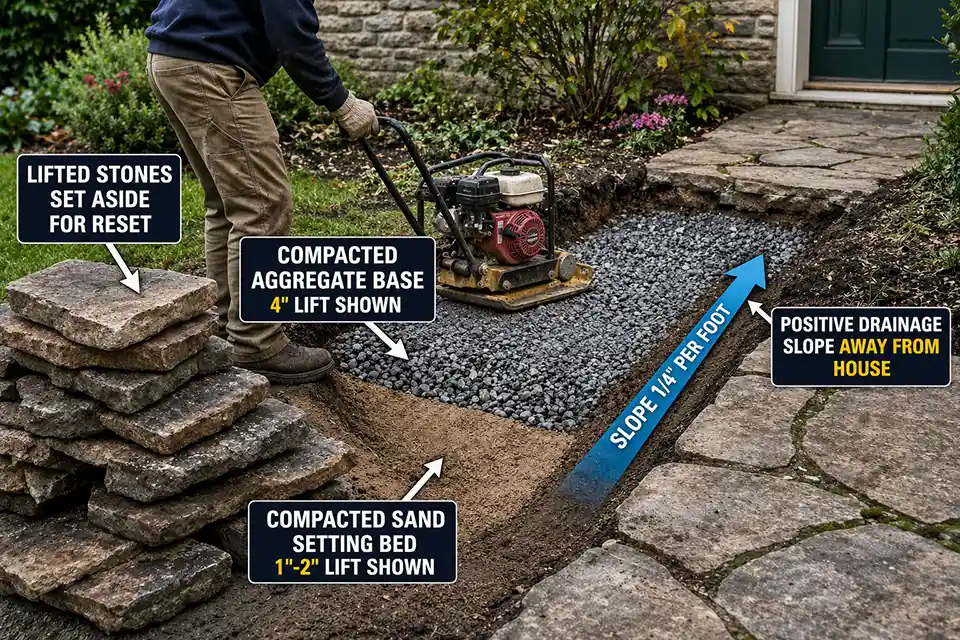 Stone walkway section being rebuilt with lifted stones, compacted base layers, and overlay labels showing proper repair scope and drainage slope