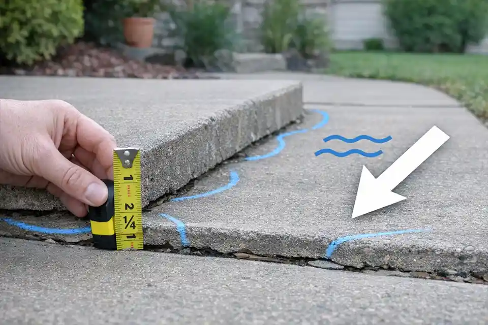 Outdoor walkway with chalk marks and a tape measure showing an unsafe raised edge and drainage direction before repair