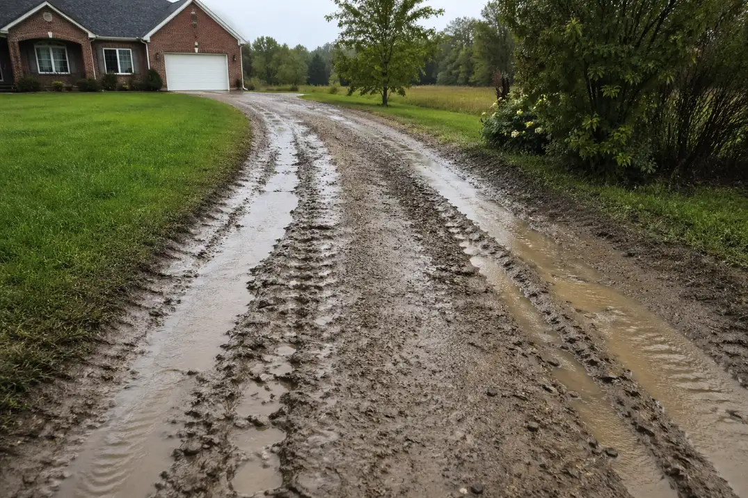 Gravel driveway with deep muddy ruts and standing water after heavy rain