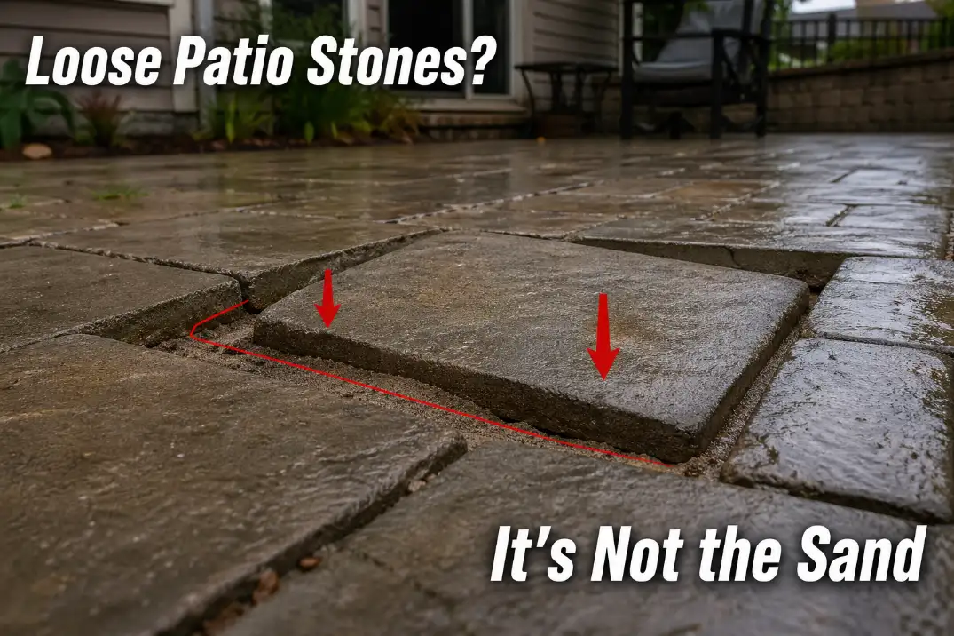 Loose patio stones with highlighted widening gaps and overlay text explaining the problem is not just joint sand.