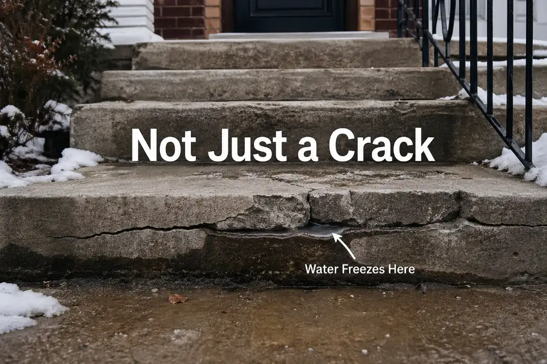 Concrete outdoor steps with frozen pooled water in a crack and overlay showing the damage is caused by trapped water, not just a surface crack.