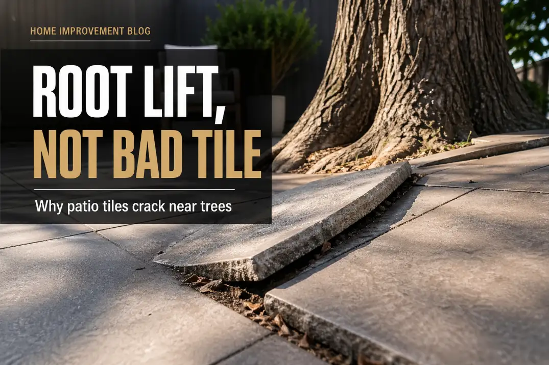 Cracked patio tiles lifted near a tree with cover text explaining root lift is causing the tile damage.