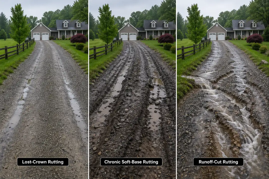 Comparison showing lost-crown rutting, soft-base rutting, and runoff-cut rutting on a gravel driveway
