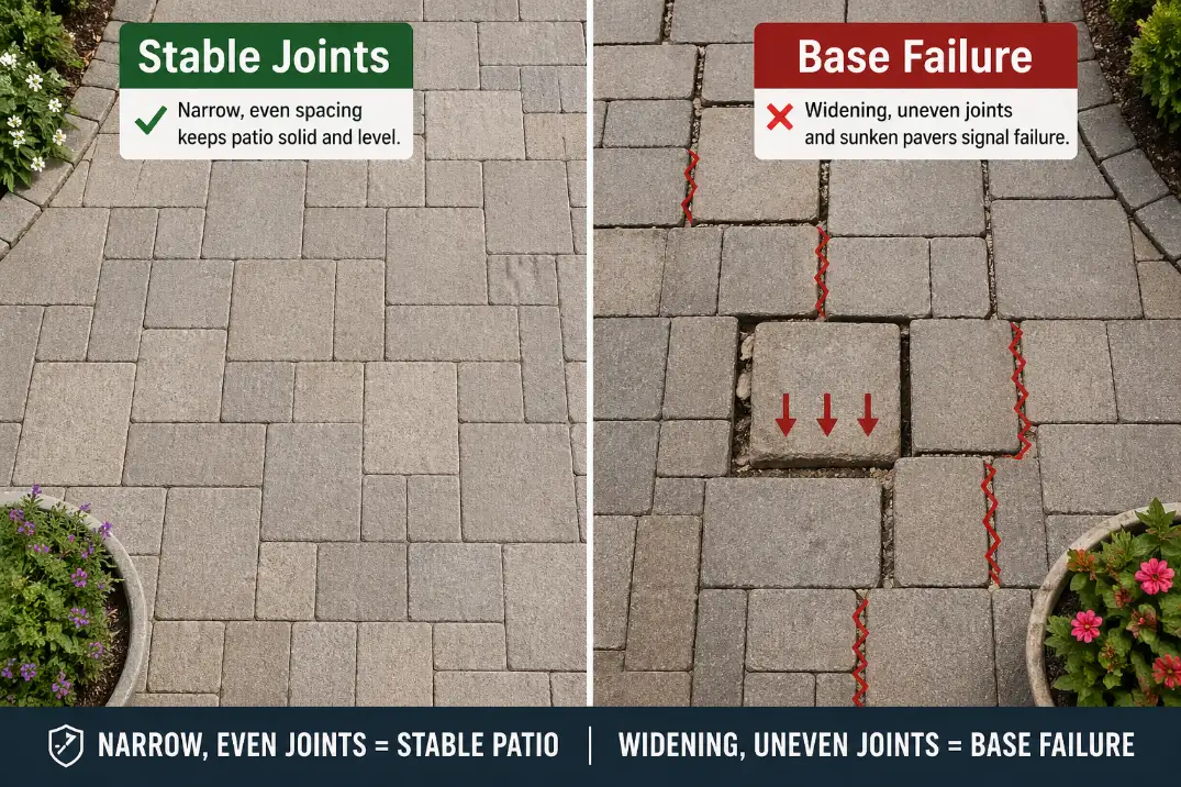 Comparison visual showing stable patio stone joints versus widened gaps caused by base failure.
