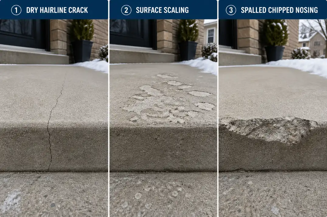 Comparison of hairline crack, surface scaling, and spalled nosing on outdoor concrete steps.