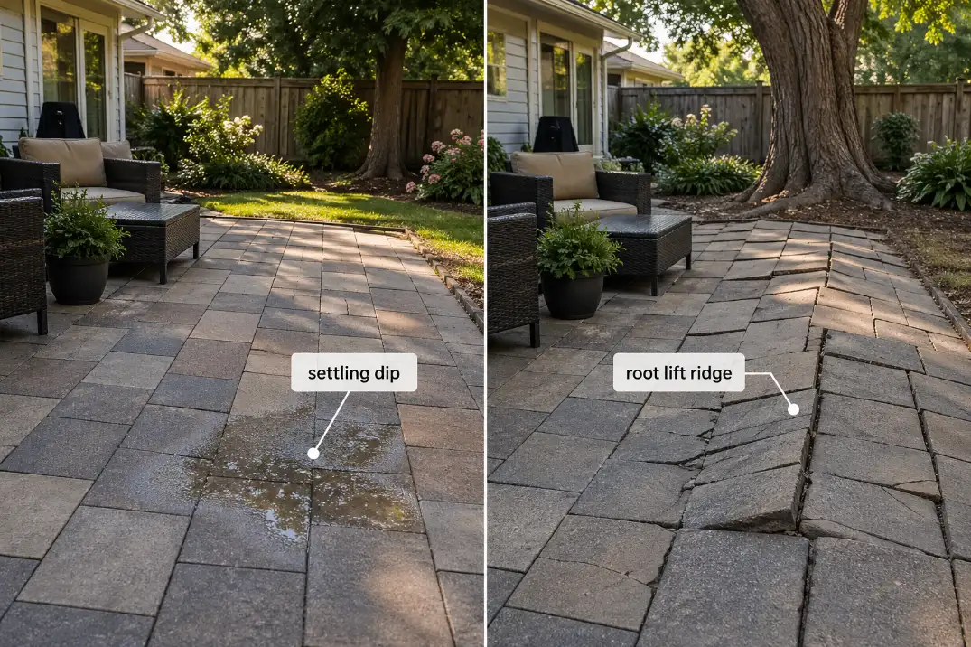 Comparison of a sunken patio tile settling dip and a raised root lift ridge near a tree.