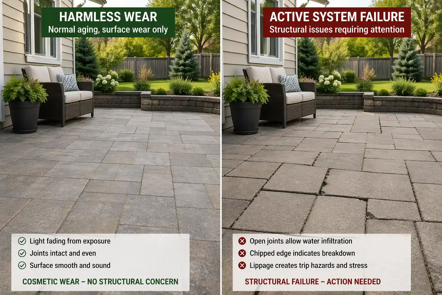 Comparison of a normally aging patio surface and an early failing patio with open joints, chipped edges, and uneven movement