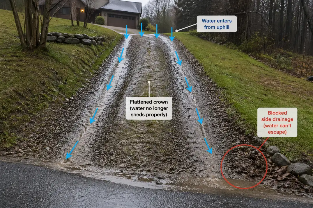 Gravel driveway with overlay arrows showing stormwater entering from the uphill edge and flowing down the wheel tracks