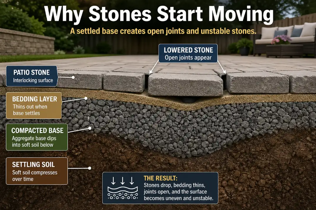 3D cutaway infographic showing settled base layers and voids causing loose patio stones and widening gaps.